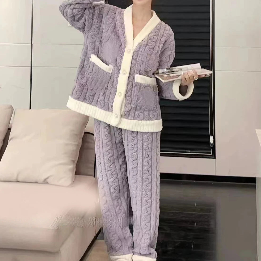 Conjunto de pijama de mujer, invierno, ropa de dormir, cuello redondo, top holgado de manga larga, pantalones de cintura elástica, conjuntos de pantalón, tallas grandes, conjuntos a juego