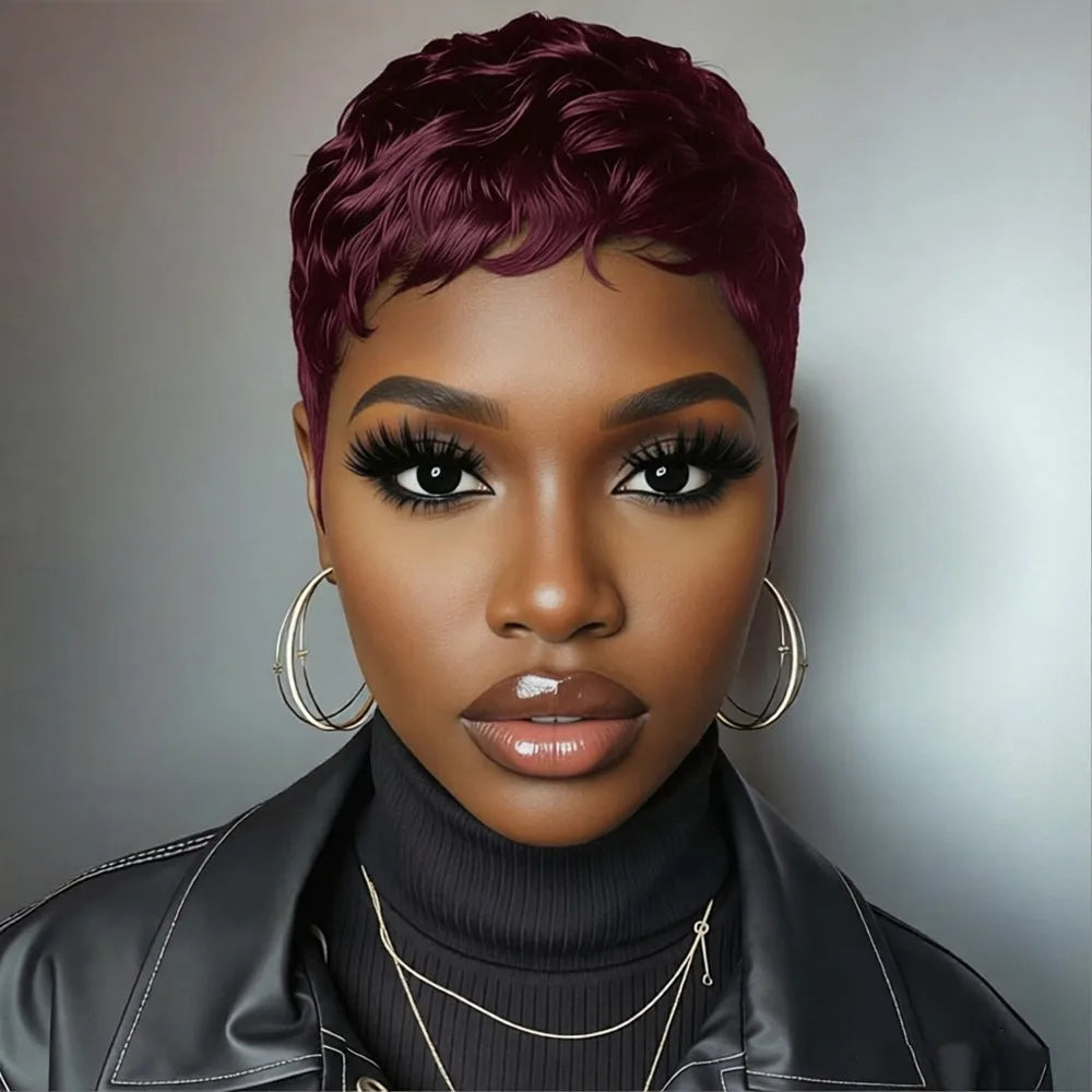 4inch short straight layered 150% density human hair wig machine made brown back burgundy pixie cut human hair wig