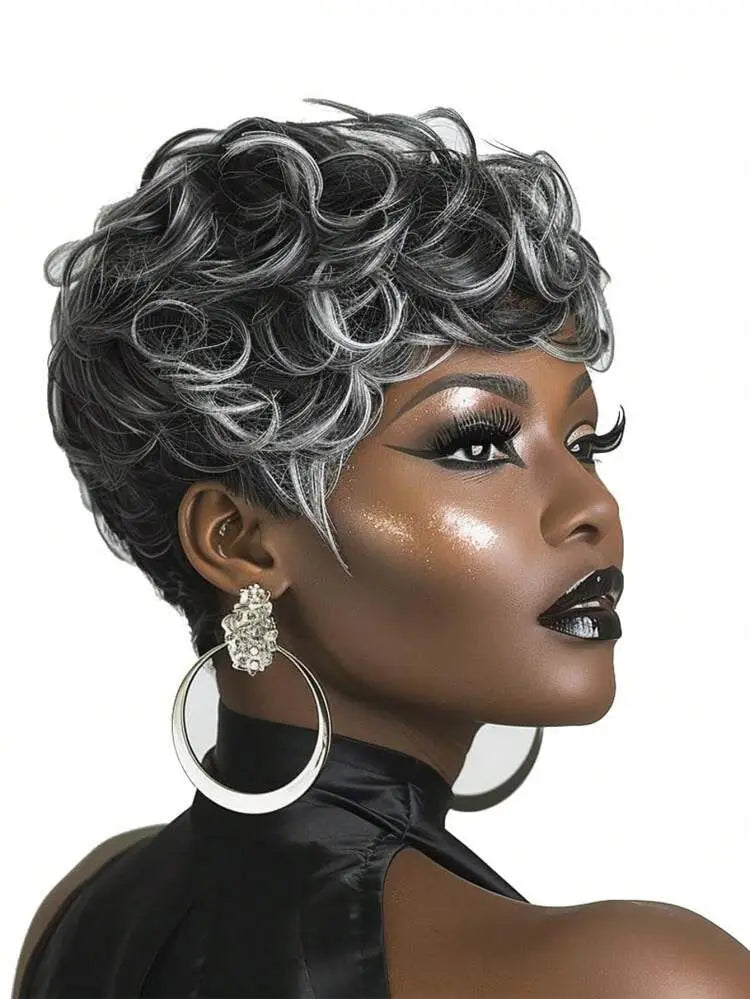 Short Pixie Cut Wig with Bangs for Black Women, Fluffy Curly Wig, Natural Wavy synthetic Wigs, Grey
