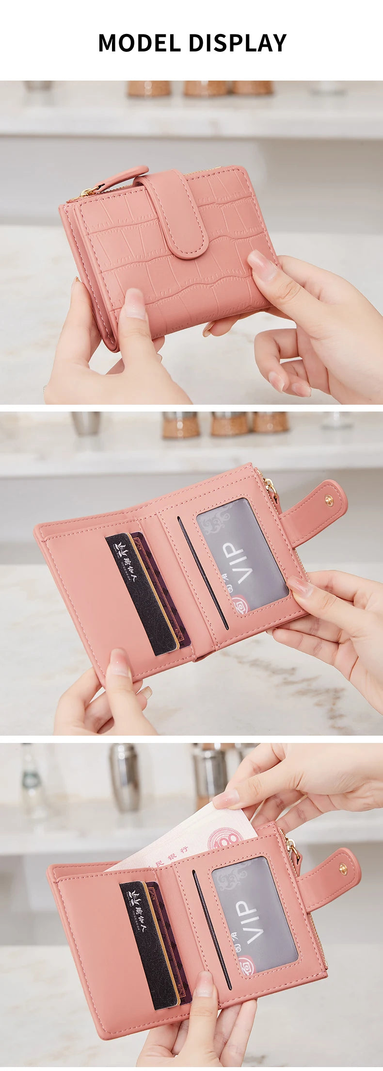 Klassisk luksuslommebok med kortklips, liten, multifunksjonell, PU-håndveske i skinn, ensfarget, dobbel fold, dame, ZeroWallet