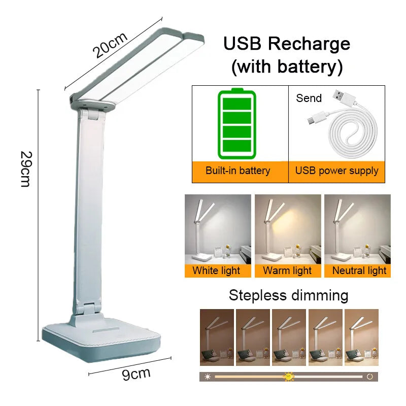 Lampe de bureau LED rechargeable par USB, 3 niveaux d'intensité, tactile, protection des yeux, pliable, idéale pour la chambre à coucher