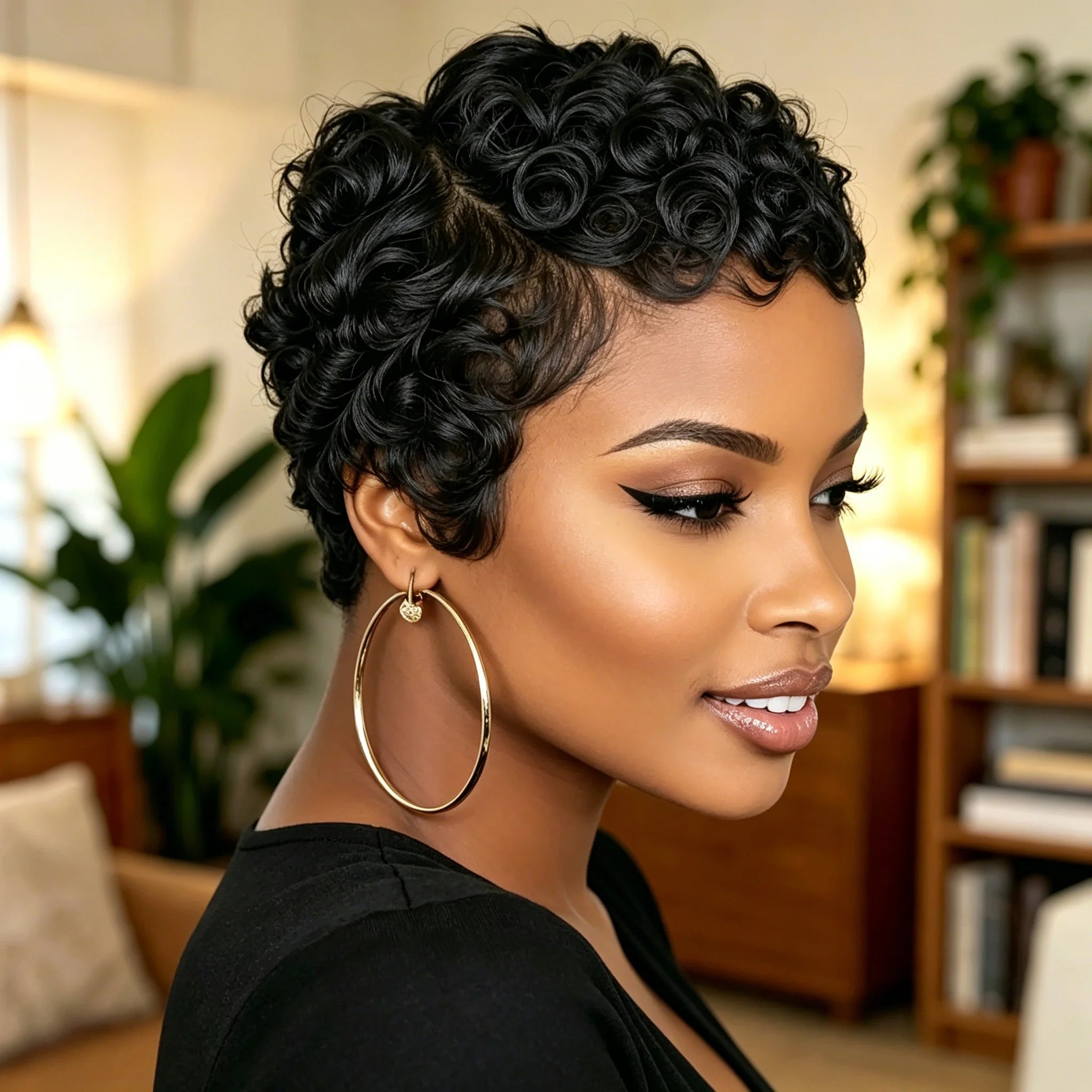 Side Part Brazilian Human Hair Short Pixie Cut Wig Loose Curly for Women Full Machine Made Wig