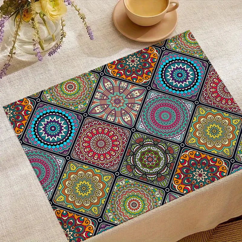 Lot de 4 sets de table bohème mandala, motif ethnique mexicain traditionnel avec carreaux géométriques, motif floral bohème, 30 x 40 cm
