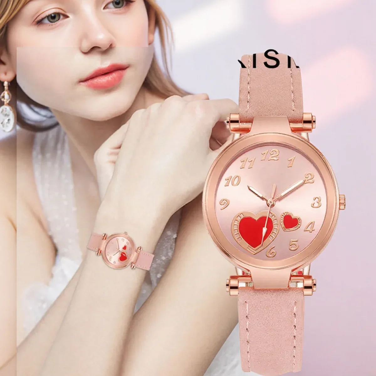 Montre à quartz tendance pour femme, motif cœur pêche, bracelet en cuir givré, style décontracté, cadeau idéal.