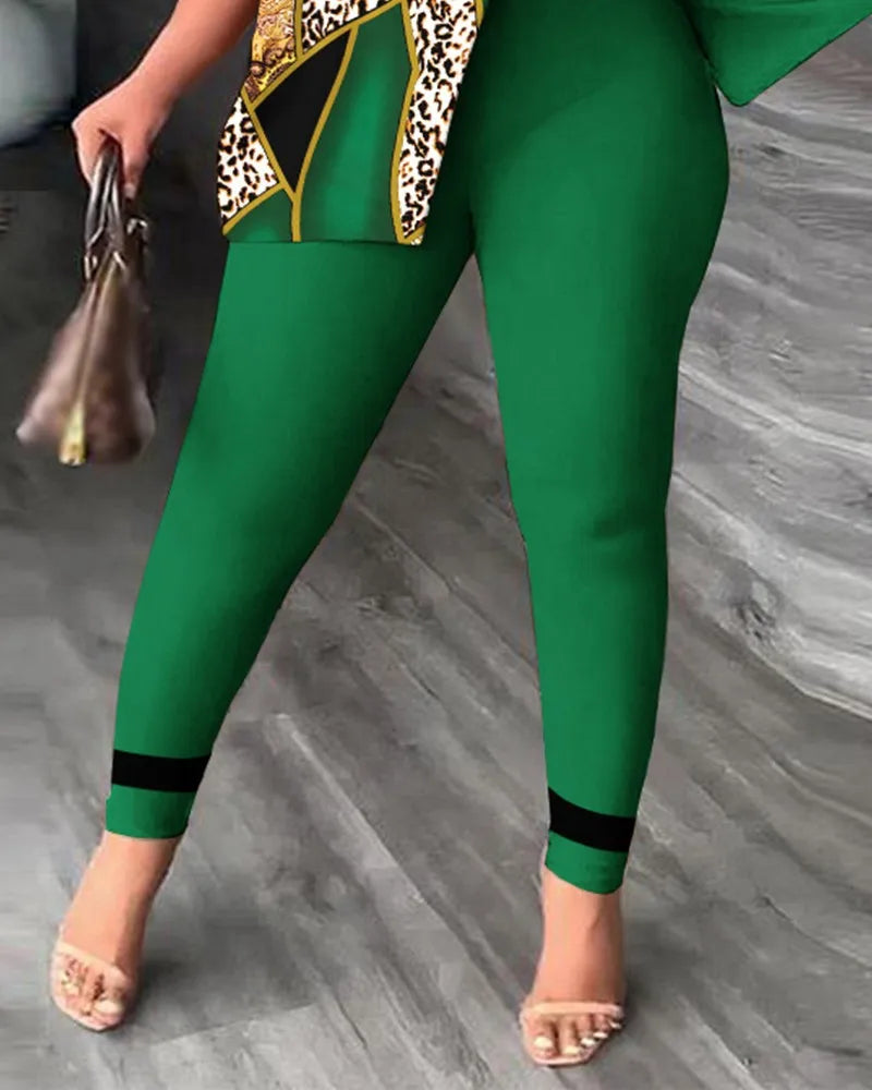 Conjuntos de dos piezas elegantes para mujer, nueva moda, estampado, top de manga con volantes, conjunto de pantalones de color sólido con cinturón, blusas, ropa femenina