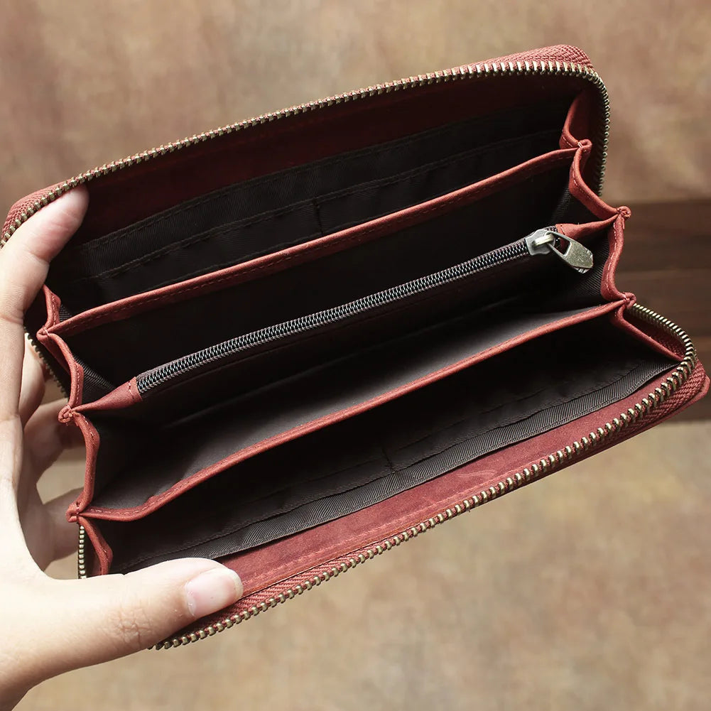 Billetera de lujo para hombre, cartera de mano de cuero genuino, monedero largo grabado en relieve, carteras de hombre de cuero grueso, carteras de mano de cuero para dinero
