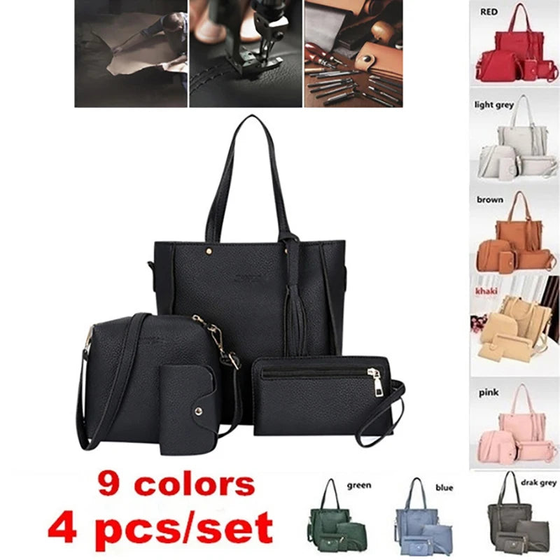 Juego de 4 unidades de bolsos de cuero para mujer, conjunto de bolso de hombro de poliéster, bolso de mano, bandolera, 9 colores