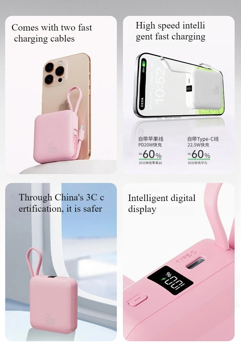 10000 mAh powerbank 22,5 W superrask lading, kompakt og bærbar med egen kabel, Mini 3C-sertifisert mobil strømforsyning.