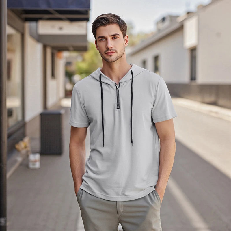 Sudadera con capucha y cremallera de manga corta ligera para hombre, con cordón, color sólido, estilo casual, tipo jersey, para verano