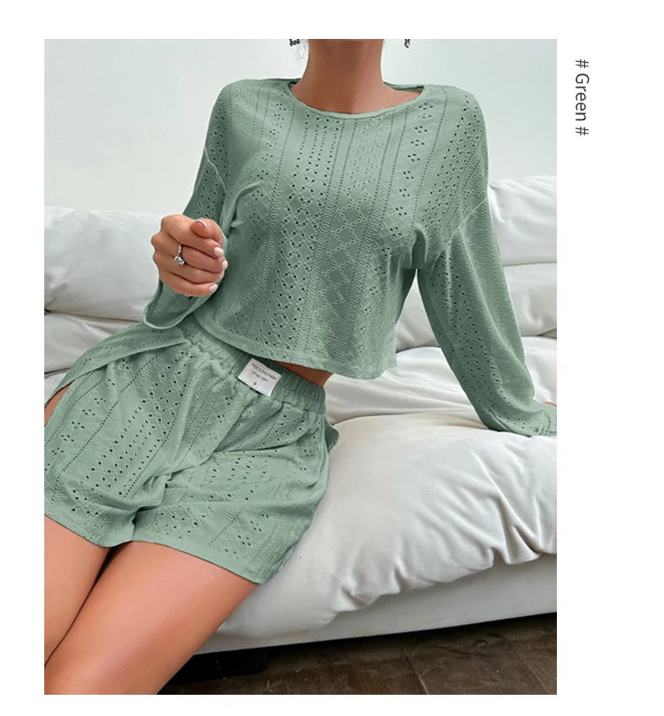 Conjunto de pijama para mujer, ropa de dormir, ropa de descanso, otoño, suave y cómodo, tops de manga larga con pantalones cortos, pijama de mujer, ropa de casa, 2 piezas