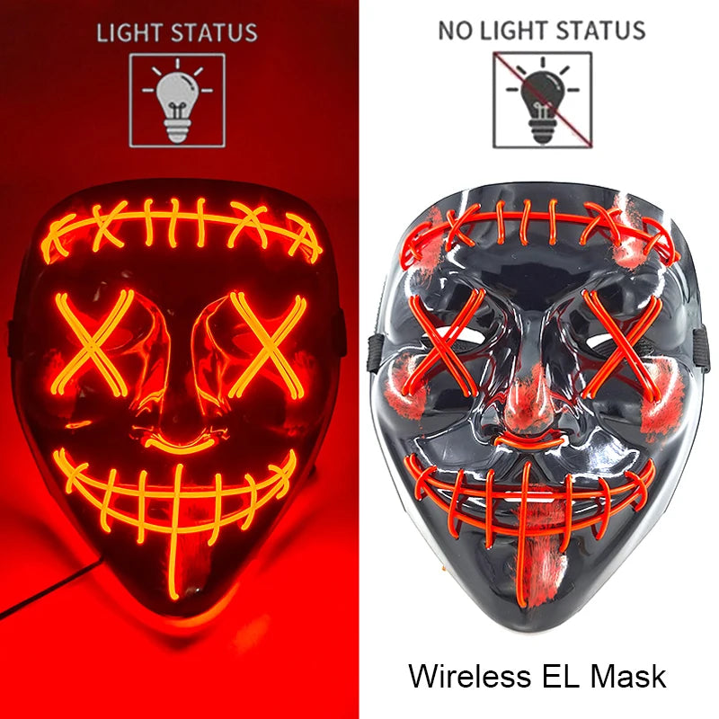 Máscara de purga LED de neón inalámbrica, que brilla en la oscuridad, máscara de cosplay de terror para Halloween, máscaras de fiesta de disfraces, accesorios luminosos divertidos