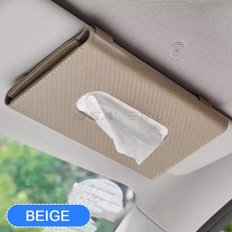 SEAMETAL Parasol de coche con dispensador de pañuelos, caja de pañuelos universal para interior de coche, bolsa de almacenamiento de toallas de papel de fibra de carbono, cajas de pañuelos para parasol