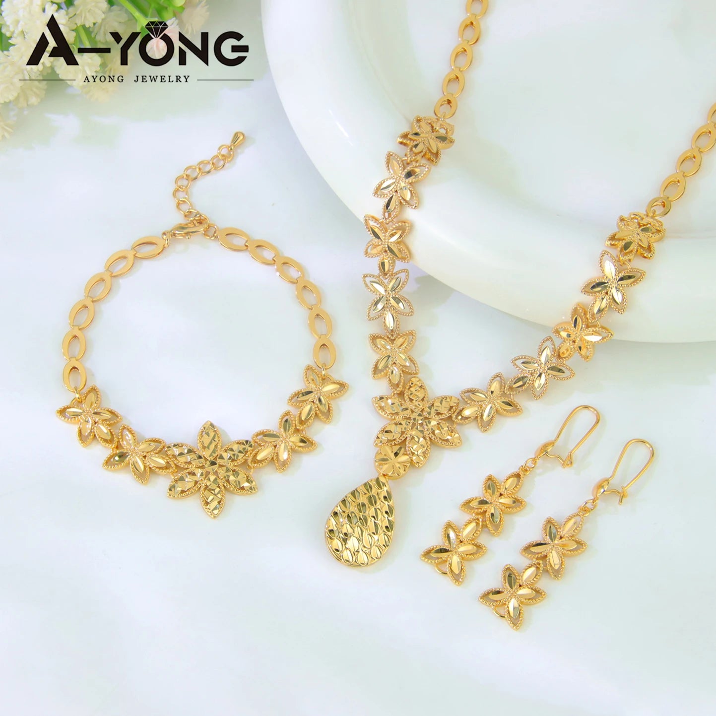 Juego de joyas de boda de lujo de Dubái, chapado en oro de 21k, collar, pulsera y pendientes de oro nupcial árabe, joyería vintage para mujer brasileña