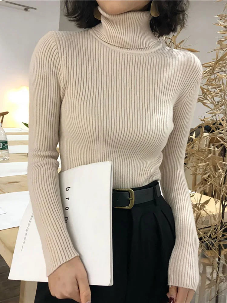 Jersey de cuello alto para mujer, blusa de otoño e invierno, jersey coreano ajustado para mujer, suéter de punto, jersey para mujer, invierno