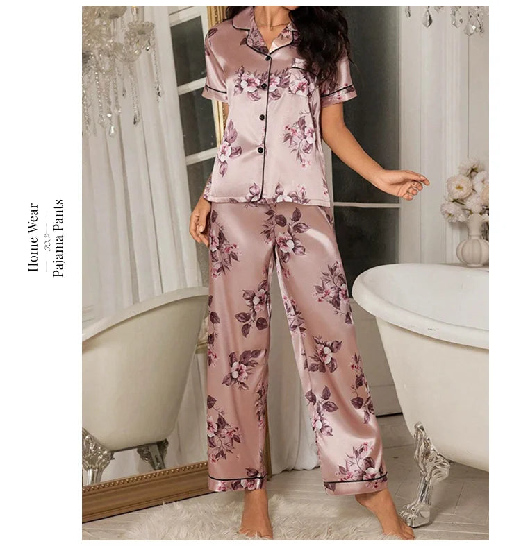 Pijama de satén elegante para mujer, conjunto de pijama con estampado floral, top de manga corta con botones y solapa, y pantalón largo para dormir o estar en casa