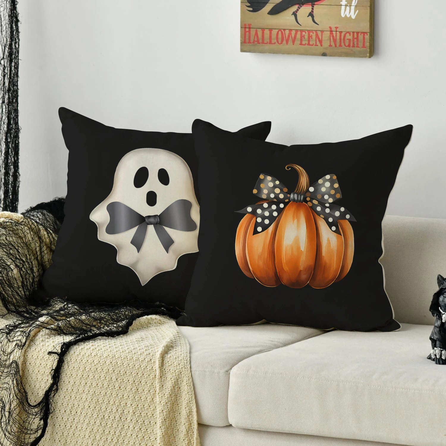 Funda de almohada de Halloween de 1/4 piezas, funda de cojín de calabaza fantasma con lazo de Halloween, funda de cojín decorativa para sofá, sala de estar, dormitorio