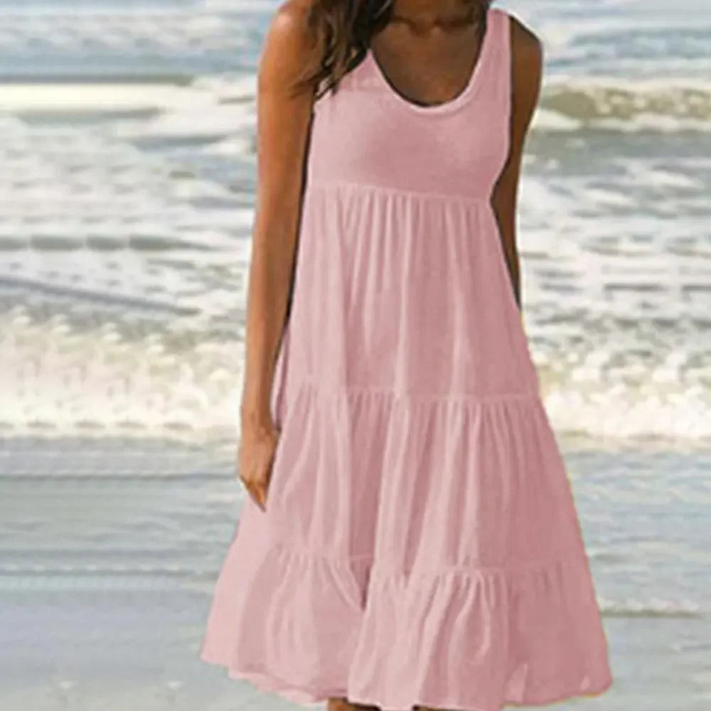 Vestido casual de mujer con cuello redondo, sin mangas, con volantes, minivestido boho liso para playa, vestido suelto oversize, verano 2024