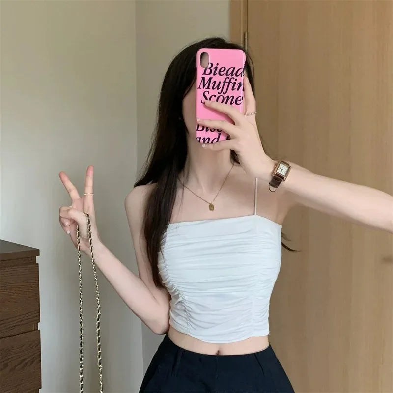 Camisetas sin mangas para mujer, tops sexys, tops de tubo para niñas con tirantes, camisola blanca para mujer, sujetadores acolchados, ropa de mujer, corsé.