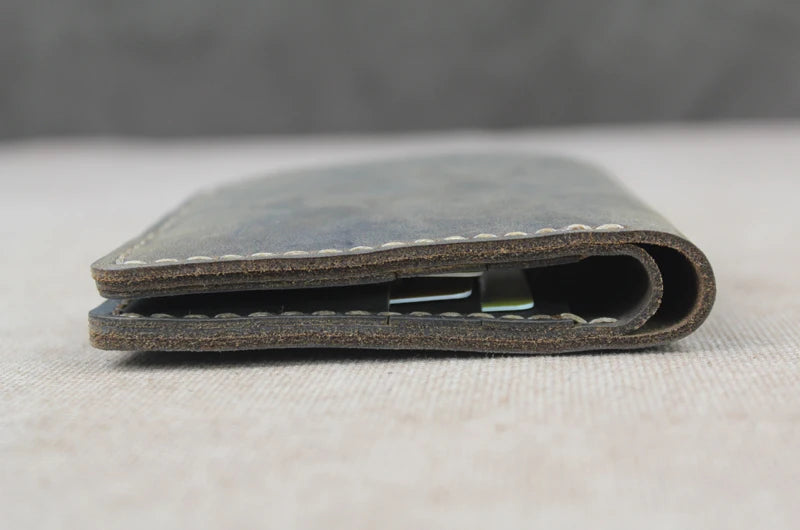 Cartera de lujo hecha a mano de cuero genuino Crazy Horse para hombre, cartera pequeña de cuero para hombre, monedero corto con clip para billetes, bolsa para dinero, café negro