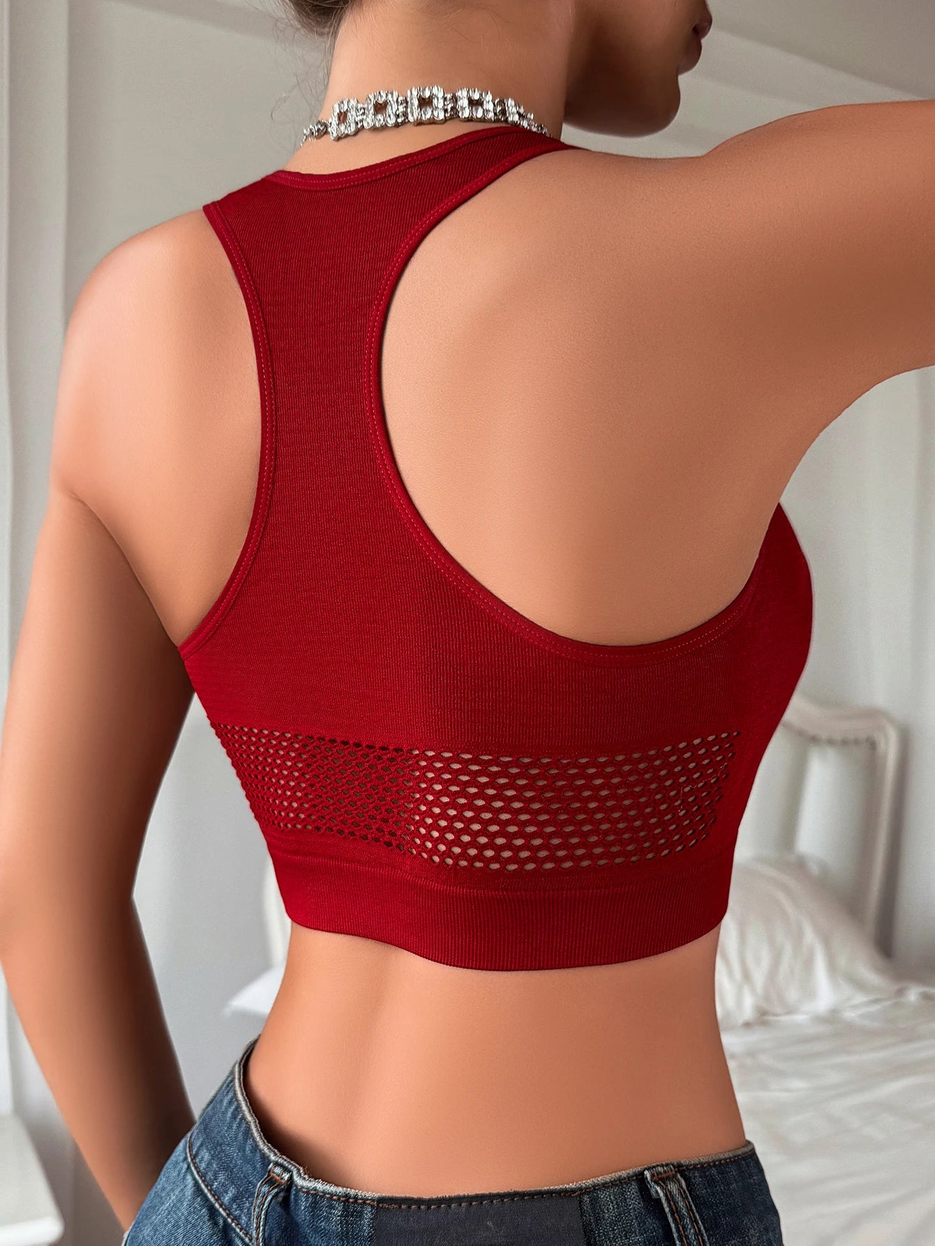 Tops sin mangas sexys de mujer con malla, ahuecados, deportivos, con hombros descubiertos, estilo crop top, para mujer, elásticos, cómodos, informales, chaleco elegante