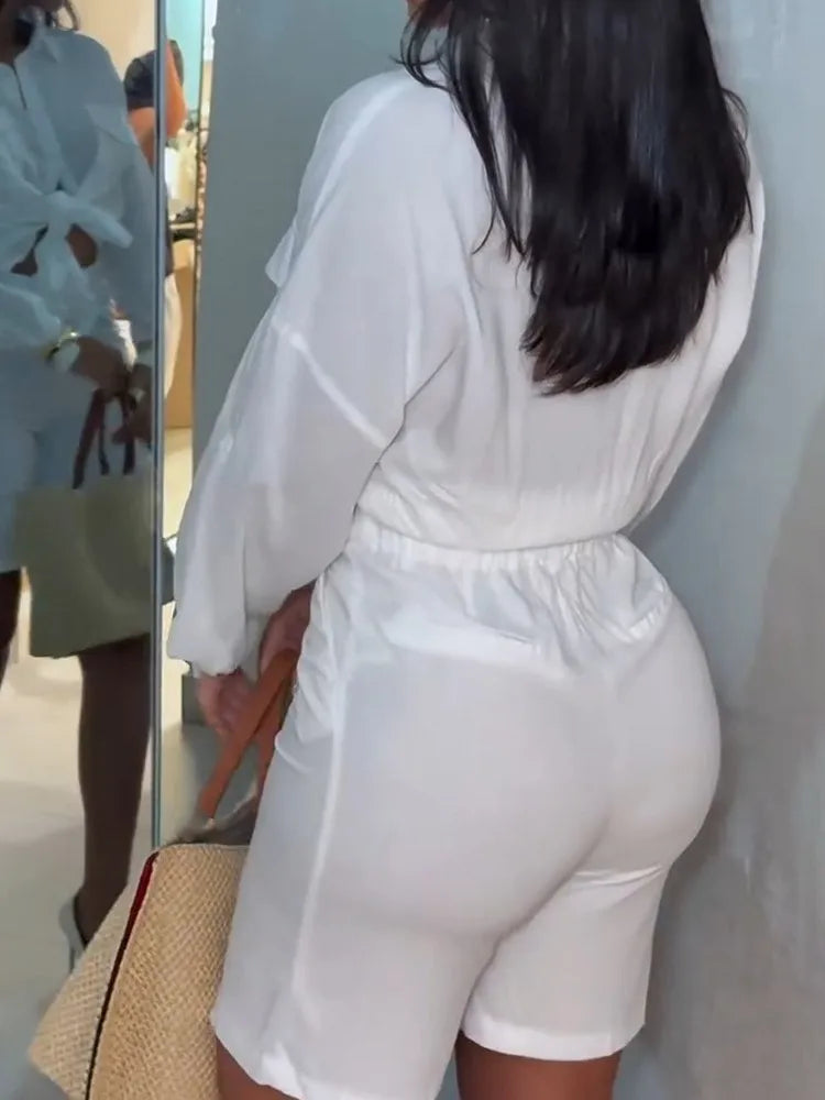 Traje de camisa de manga larga y pantalones cortos elegante sólido para mujer Nuevo traje de 2 piezas para mujer de moda elegante informal de oficina de verano
