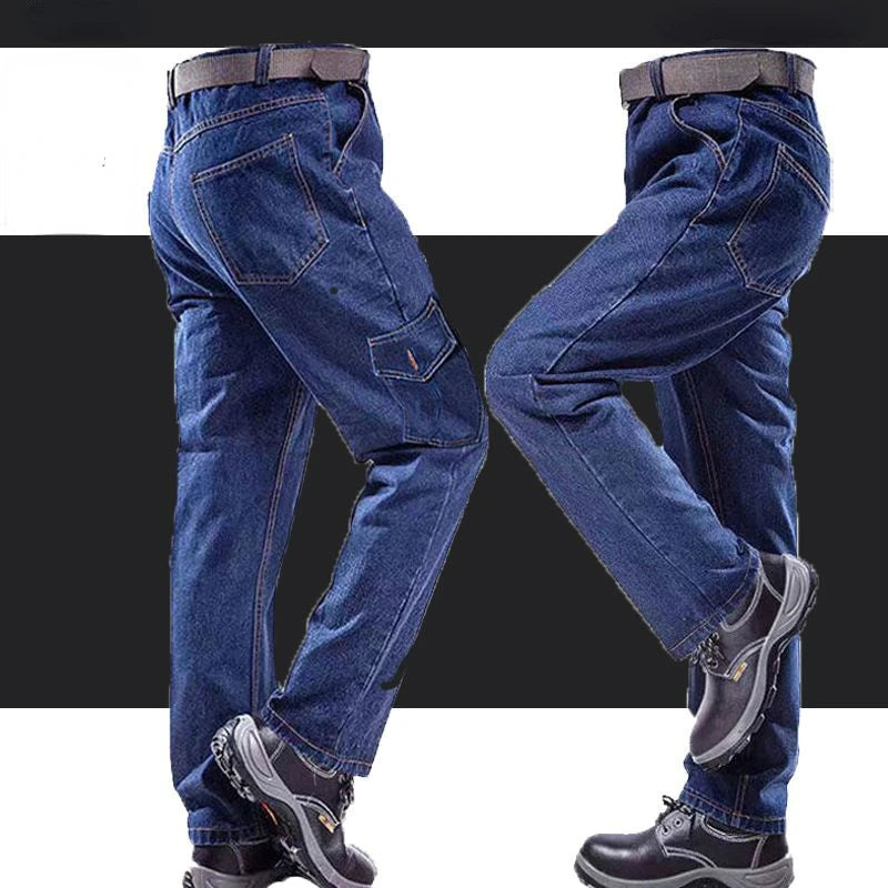 Peto pantalón ropa de hombre pantalones resistentes al desgaste anti-escaldaduras engrosamiento algodón ropa de trabajo de mezclilla pantalones de trabajo múltiples bolsillos