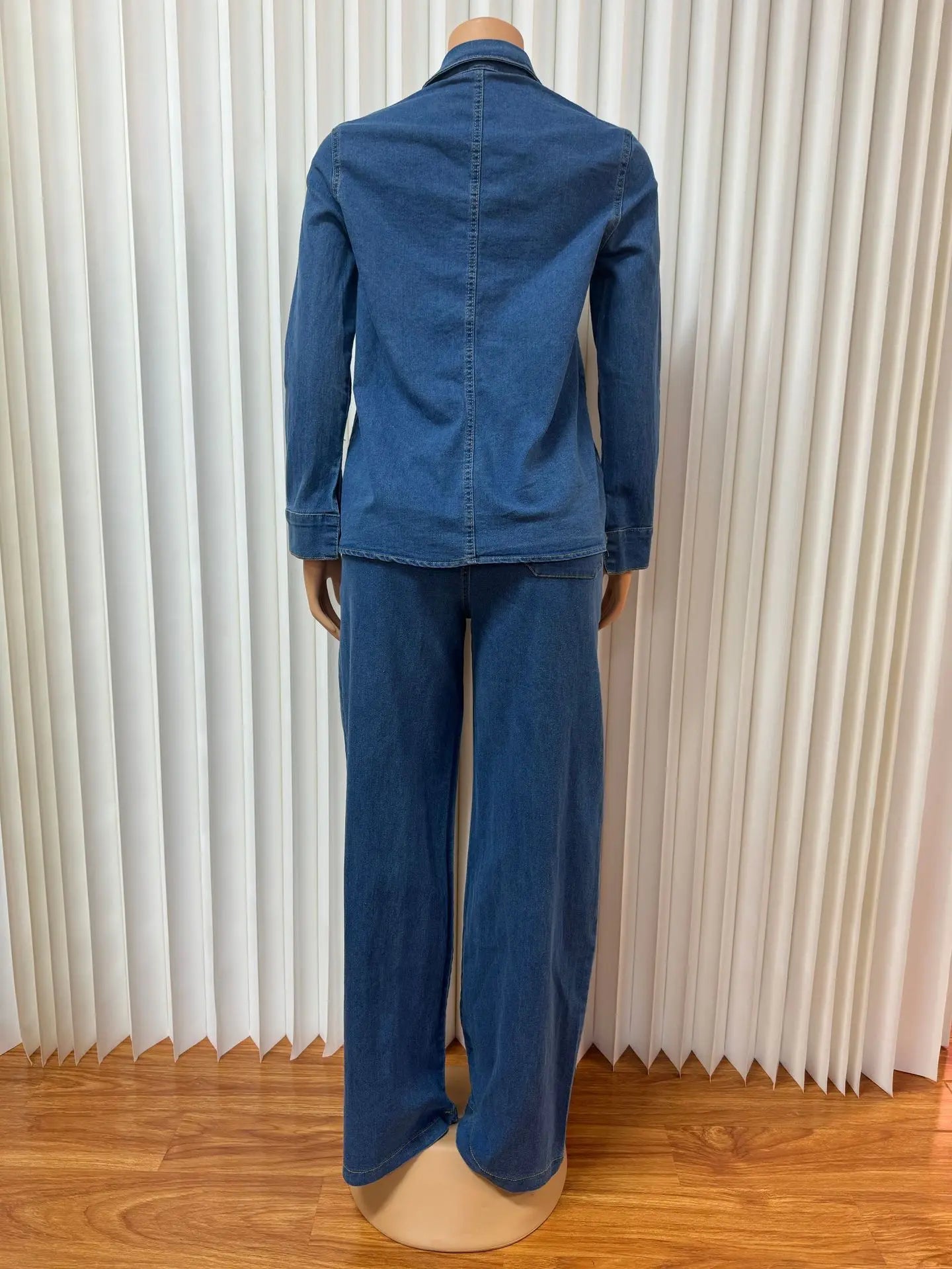 Conjunto de pantalón de mezclilla para mujer, dos piezas, cuello vuelto, camisa de jeans para mamá, tops, pantalones largos de pierna ancha, pantalones rectos, ropa de calle Y2k