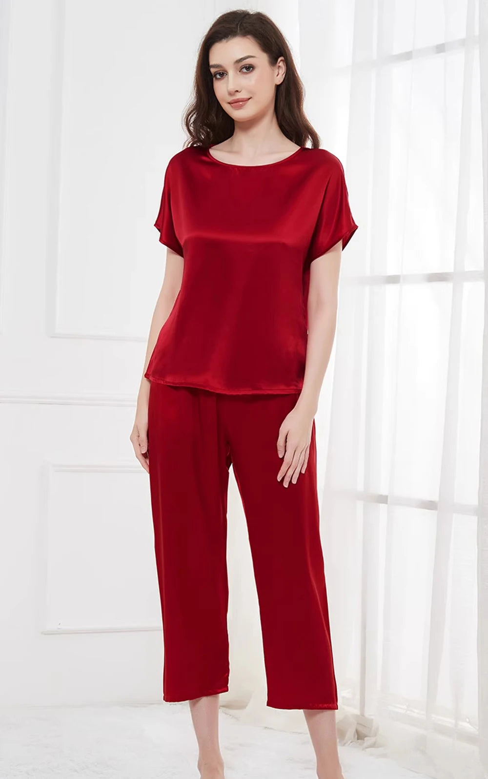 Conjunto de pijama de 2 piezas para mujer, pantalones capri, top de manga corta, seda de morera de 19 mommes, ropa de dormir, pijamas, ropa de estar por casa M-3XL