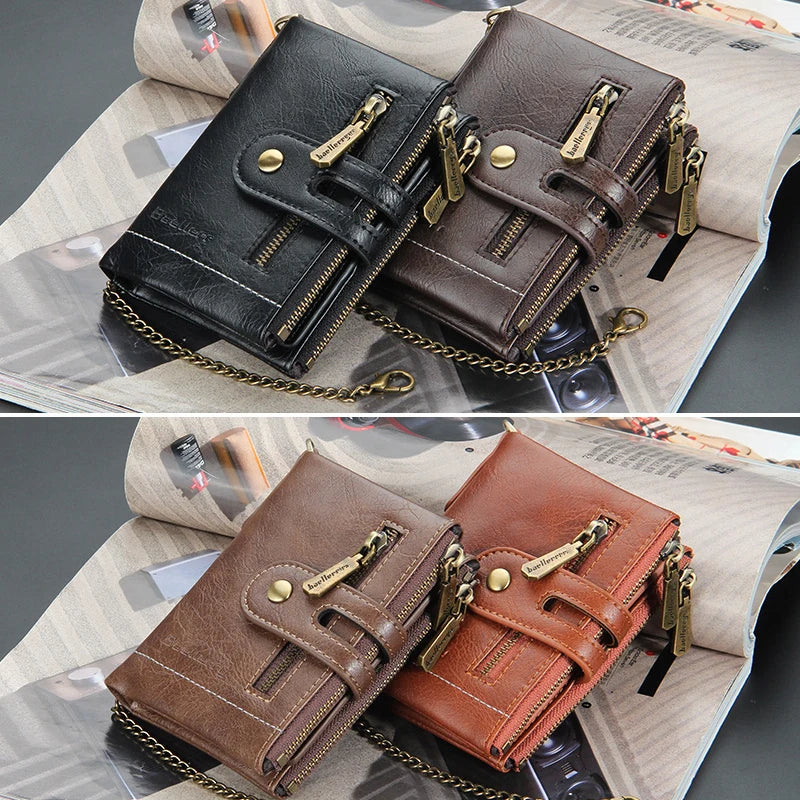 Billetera de lujo de piel sintética para hombre - Tarjetero con diseño de cadena corta, Monedero retro clásico (marca de alta calidad)