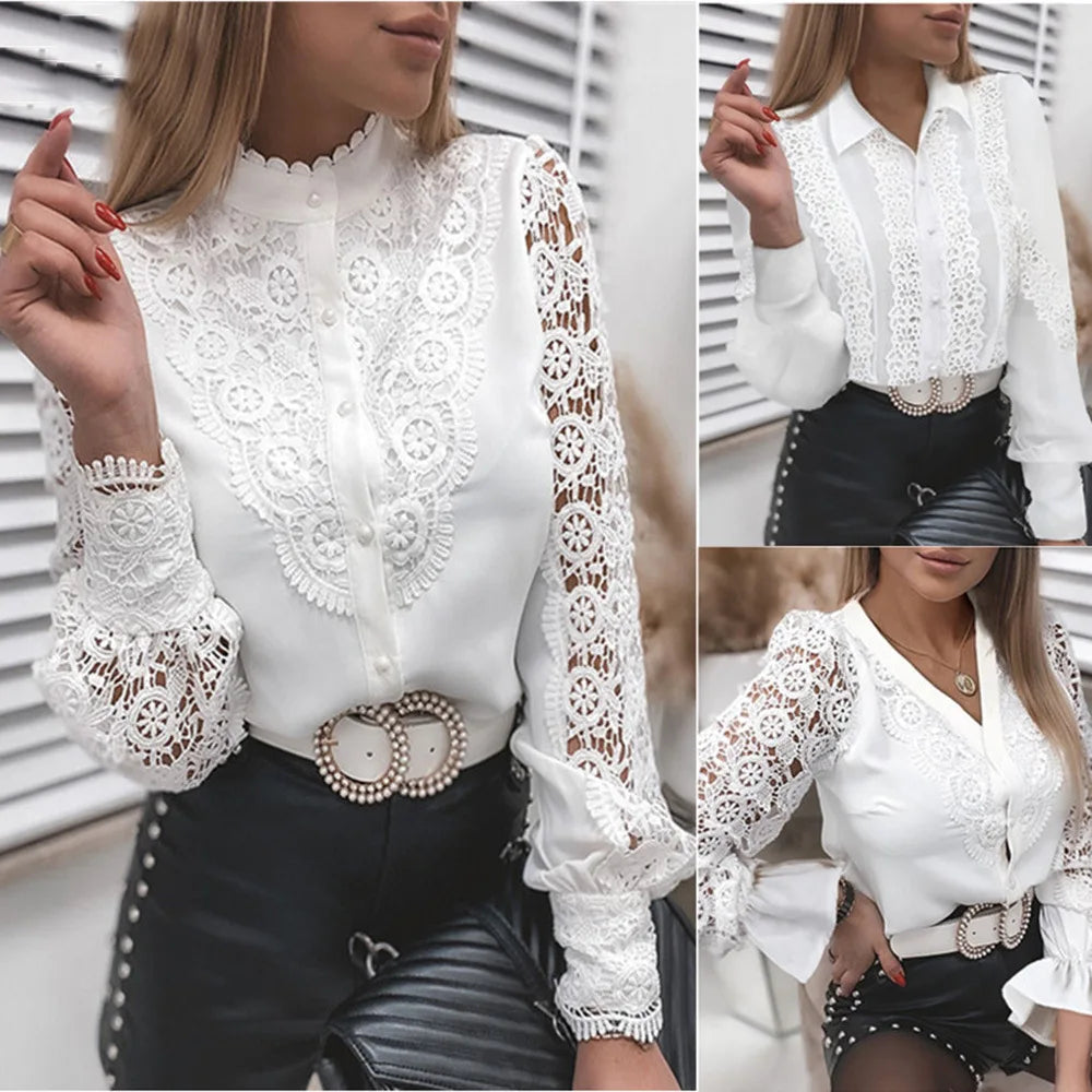 summer fashion new women's clothing design sense white lace long sleeved lace hollow out shirt shirt