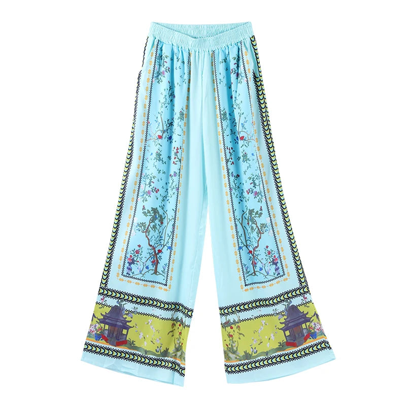 Conjunto de pantalones largos estampados para mujer, elegante camisa de manga larga con cuello en V, pantalón ancho holgado, traje de verano de 2 piezas para mujer, estilo urbano