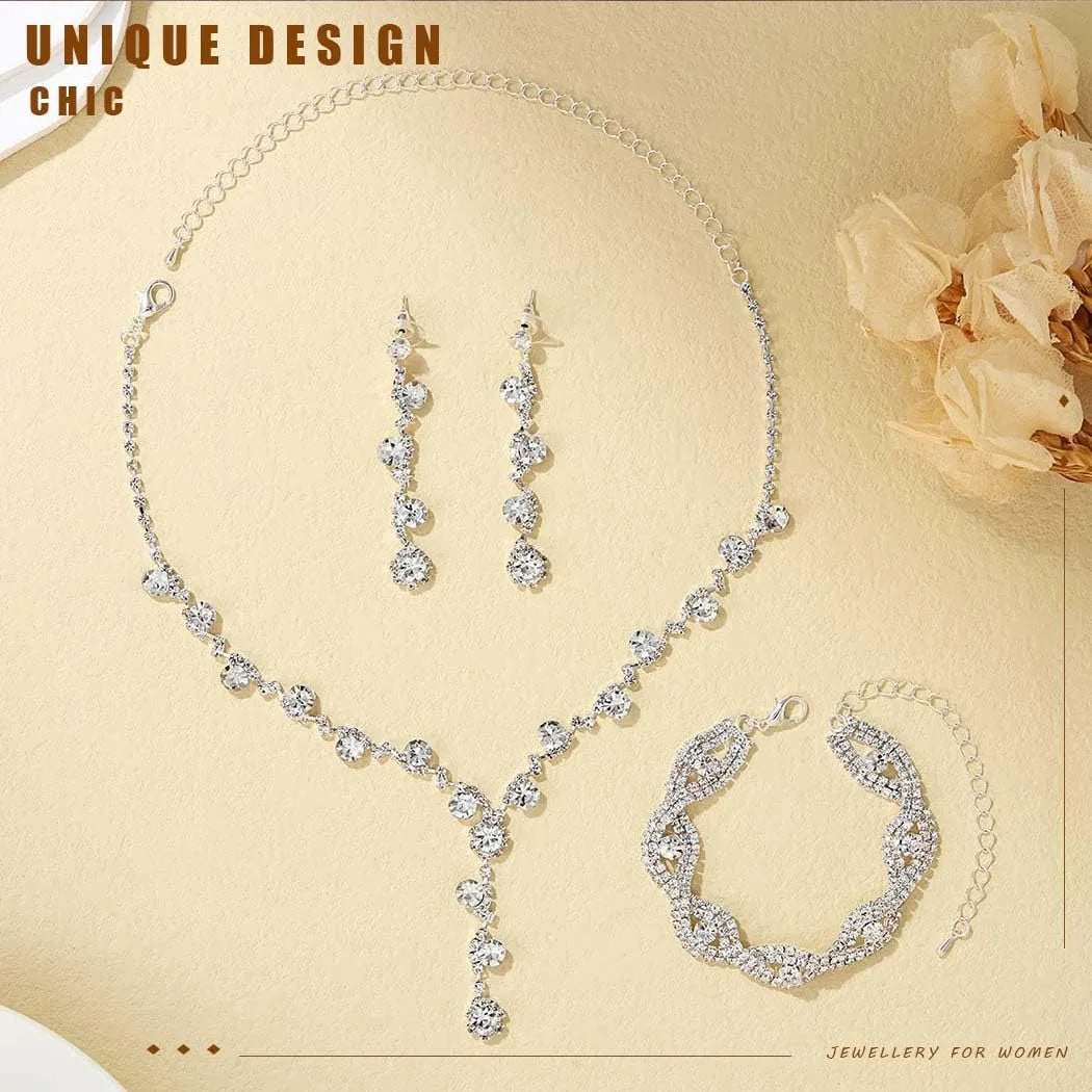 Parure de bijoux pour femme, boucles d'oreilles en strass, bracelet en argent, collier, cadeau de fête, de bal, de mariage