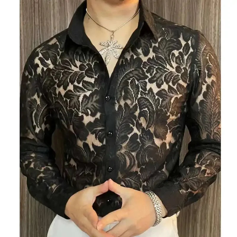 Men's Slim Fit Shirt Spring Transparent Long Sleeved Shirt Men Nightclub Sexy Casual Social Party Singer Shirt