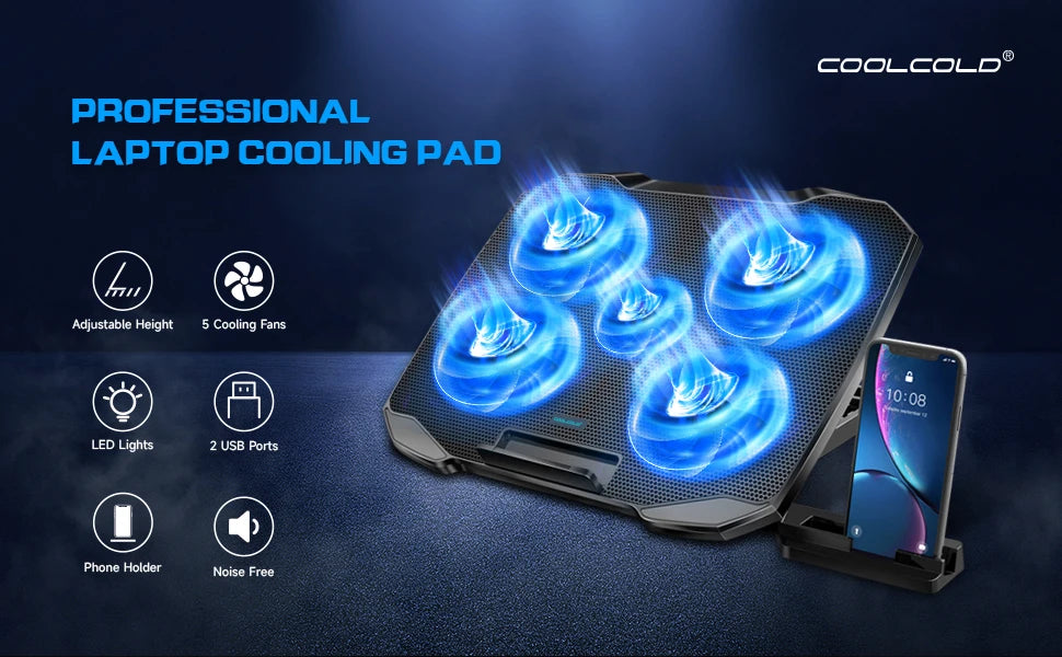 Soporte de refrigeración para portátil COOLCOOLD para portátiles de 12 a 17 pulgadas, 5 ventiladores silenciosos, ángulo ajustable en 5 posiciones con soporte para teléfono