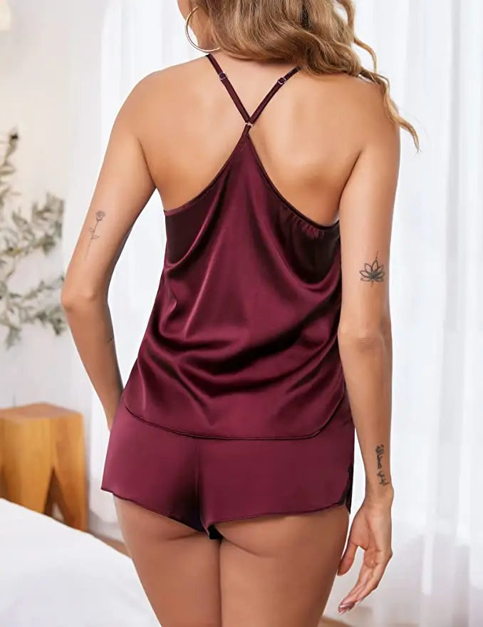 Conjuntos de pijama de satén y encaje sexy para mujer, ropa de dormir, tops sin mangas + pantalones cortos, conjuntos de 2 piezas de pijama para mujer