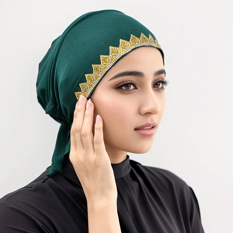 Gorros elásticos con pedrería dorada brillante para mujer, gorros musulmanes con lazo en la parte trasera, hijabs interiores, turbante, gorro con estampado de hojas en caliente, bajo la gorra de diamantes, jersey