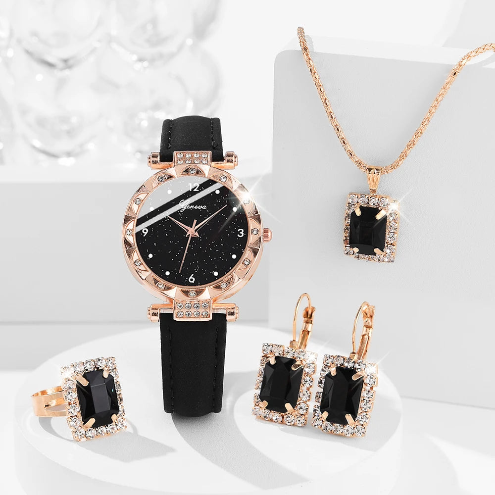 Relojes de mujer, juego de 5 piezas, lujoso, con diamantes de imitación, a la moda, elegante, de cuarzo, para niña, regalo con pulsera