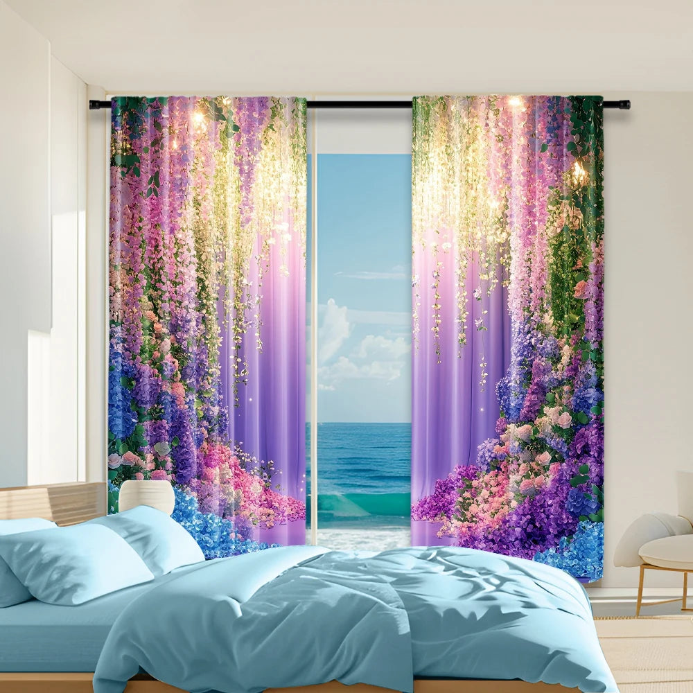 2Pcs Multi Purpose Dreamy Window Curtain Polyester Material Elegant Floral Pattern Window Drapes Design For Room Decor Aesthetic