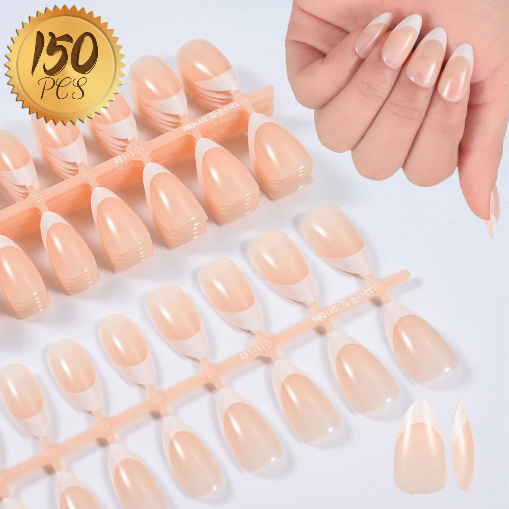 150/100/24Pcs Pink Matte French Press On Nail Tips Soft Full Cover Fake Nails Oval Almond False Nails Natural Extension Manicure