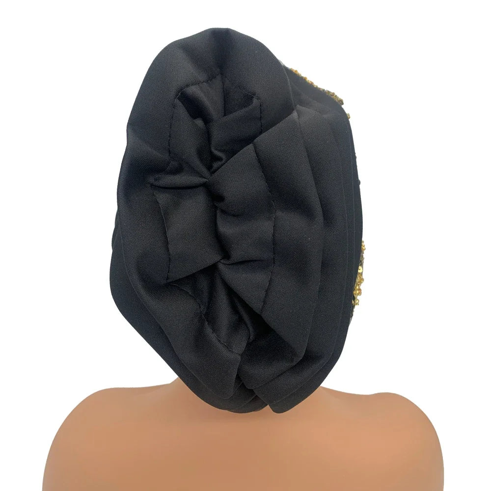 Gorro turbante plisado bordado de lujo con cuentas para mujer, gorro turbante africano para mujer, turbante musulmán, envolturas para la cabeza de mujer