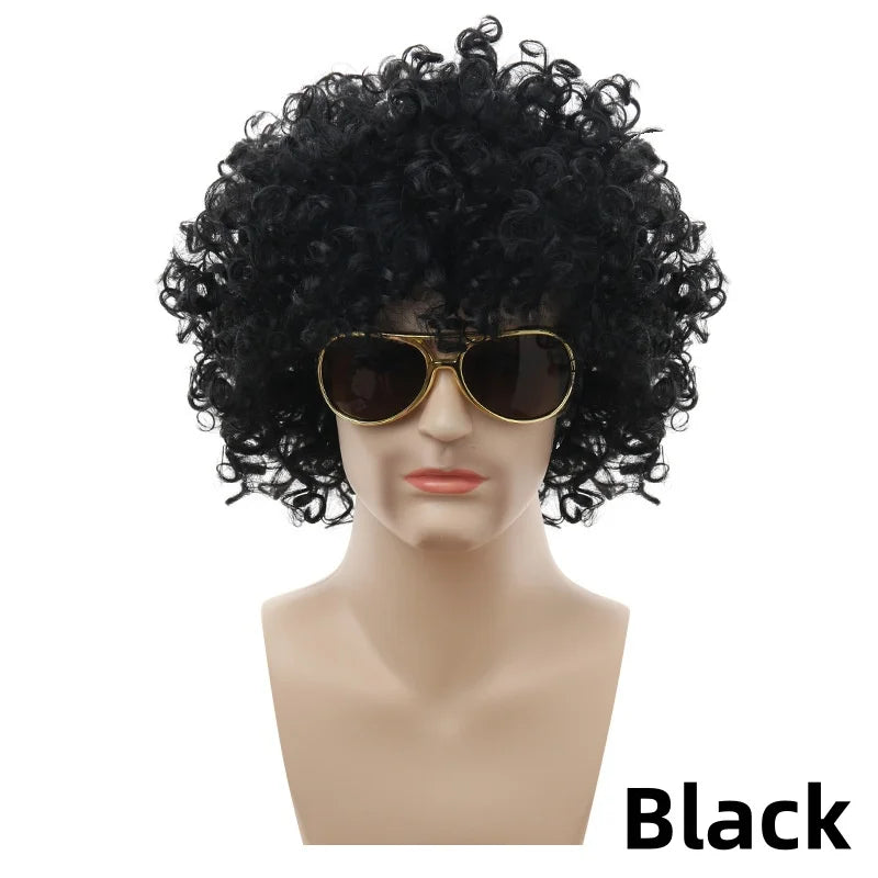 Synthetic Curly Hair Wigs Disco Hippie Rock Punk Afro Wigs Men Women Party Halloween Cosplay Hair Caps Headcover Without Glasses