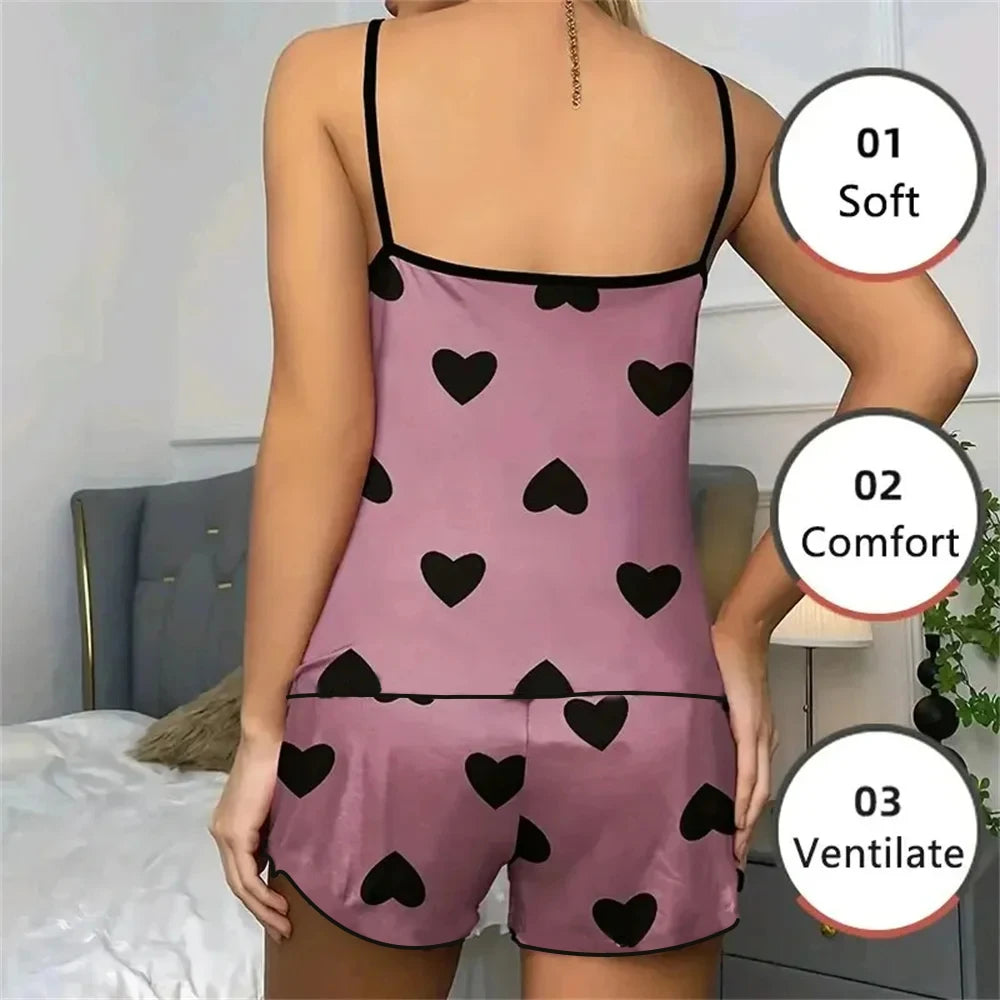 Conjunto de pijama para mujer Pijamas Camisetas Pantalones cortos Estampado de corazón rosa Camiseta de cuello redondo Top de seda de hielo Cómodo Informal Verano