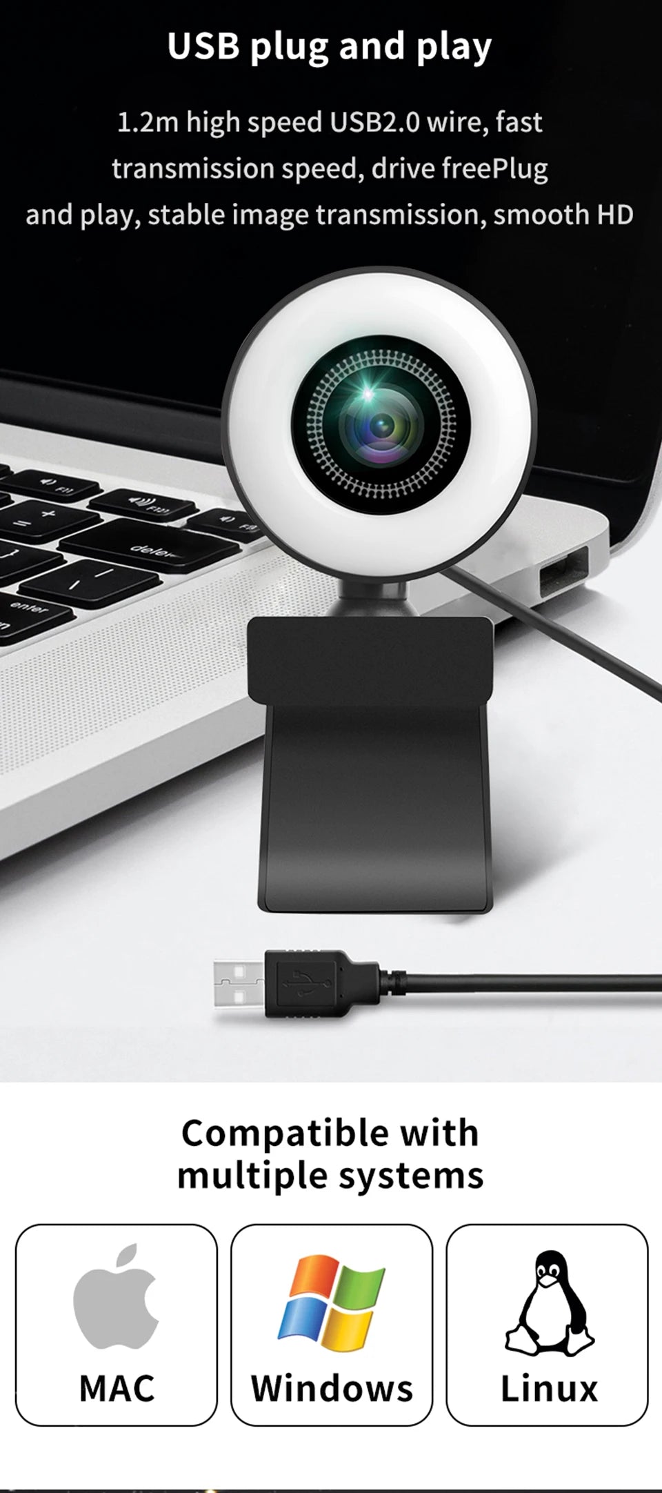 Webkamera 1080P Minikamera Full HD Webkamera Med Ringfyllingslys Mikrofon USB Direktesending For Youtube PC Bærbar PC Videoopptak