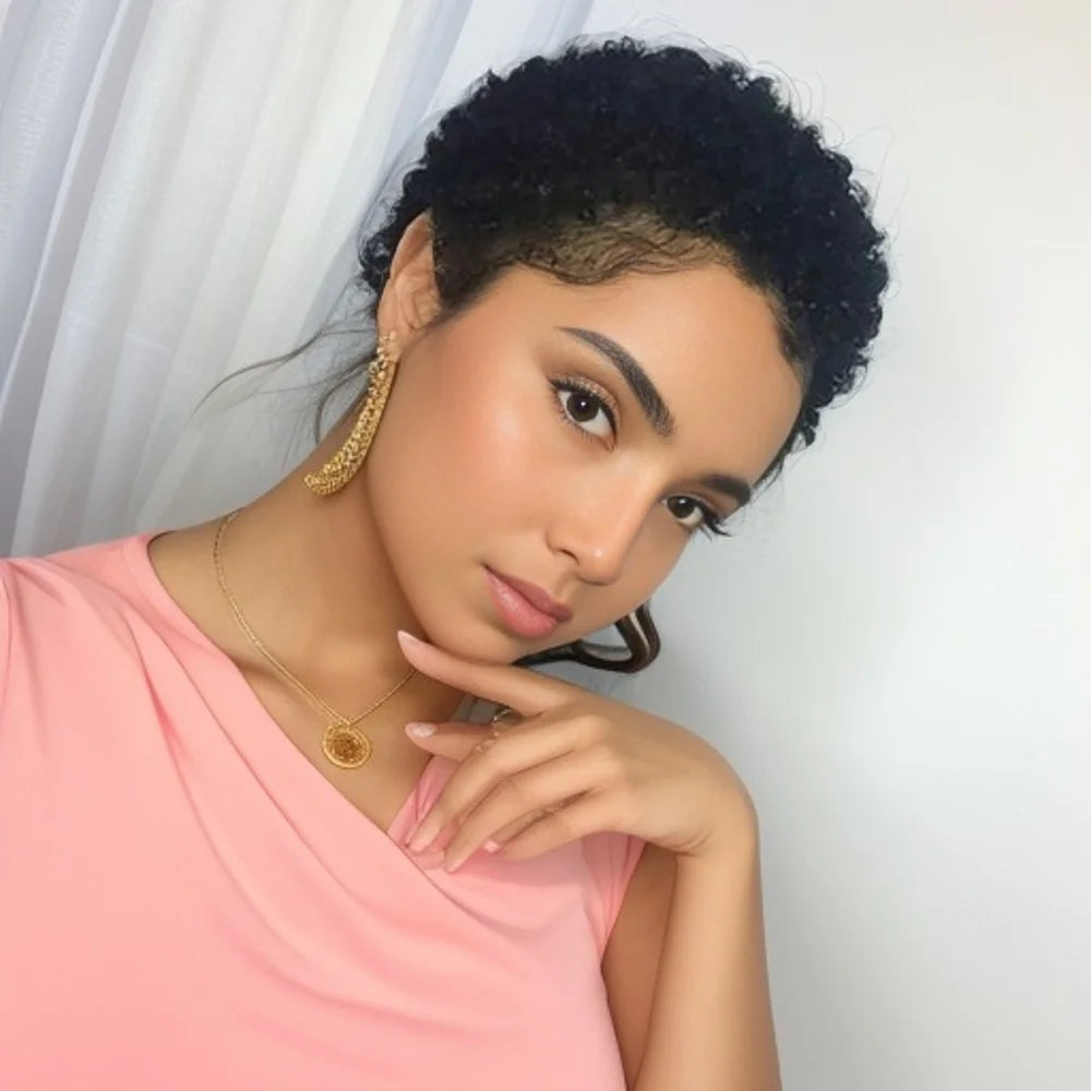 Short Kinky Curly Human Hair Full Machine Wig for Women