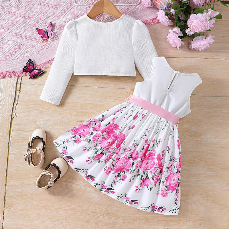Conjuntos de ropa casual para niños y niñas primavera verano, abrigo de manga larga con estampado floral, vestido sin mangas para niños de 2 3 4 5 6 7