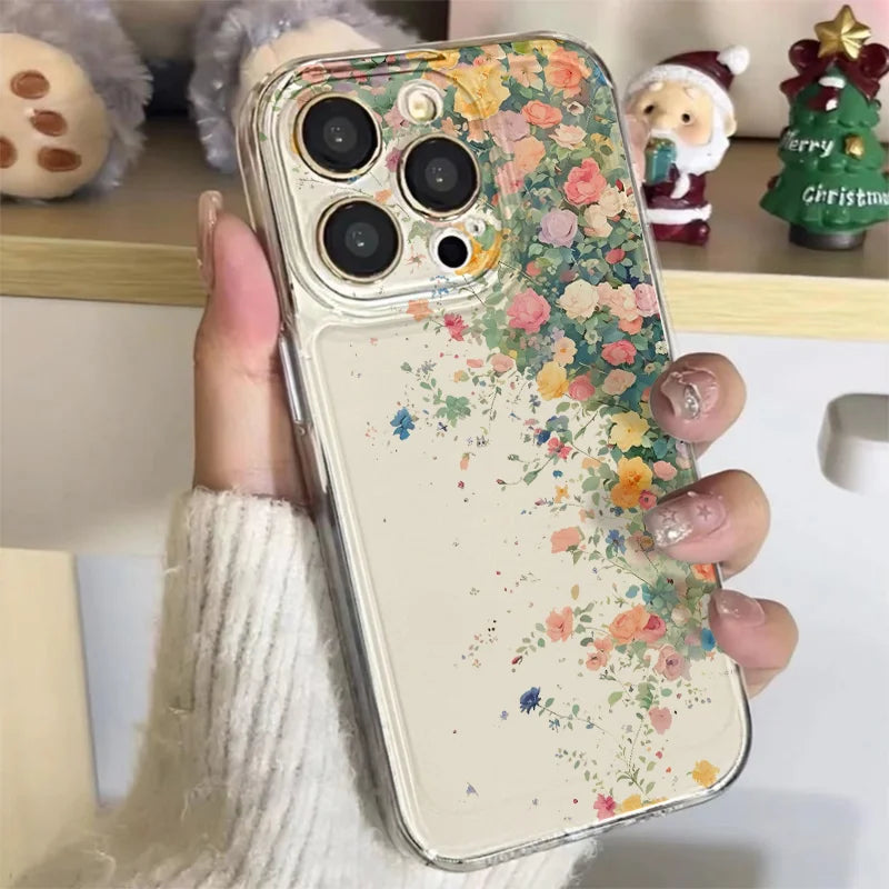 Coque transparente à motif floral pour iPhone 16, 15, 13, 14, 12, 11 Pro Max, 15, 14, 16 Plus, souple et résistante aux chocs