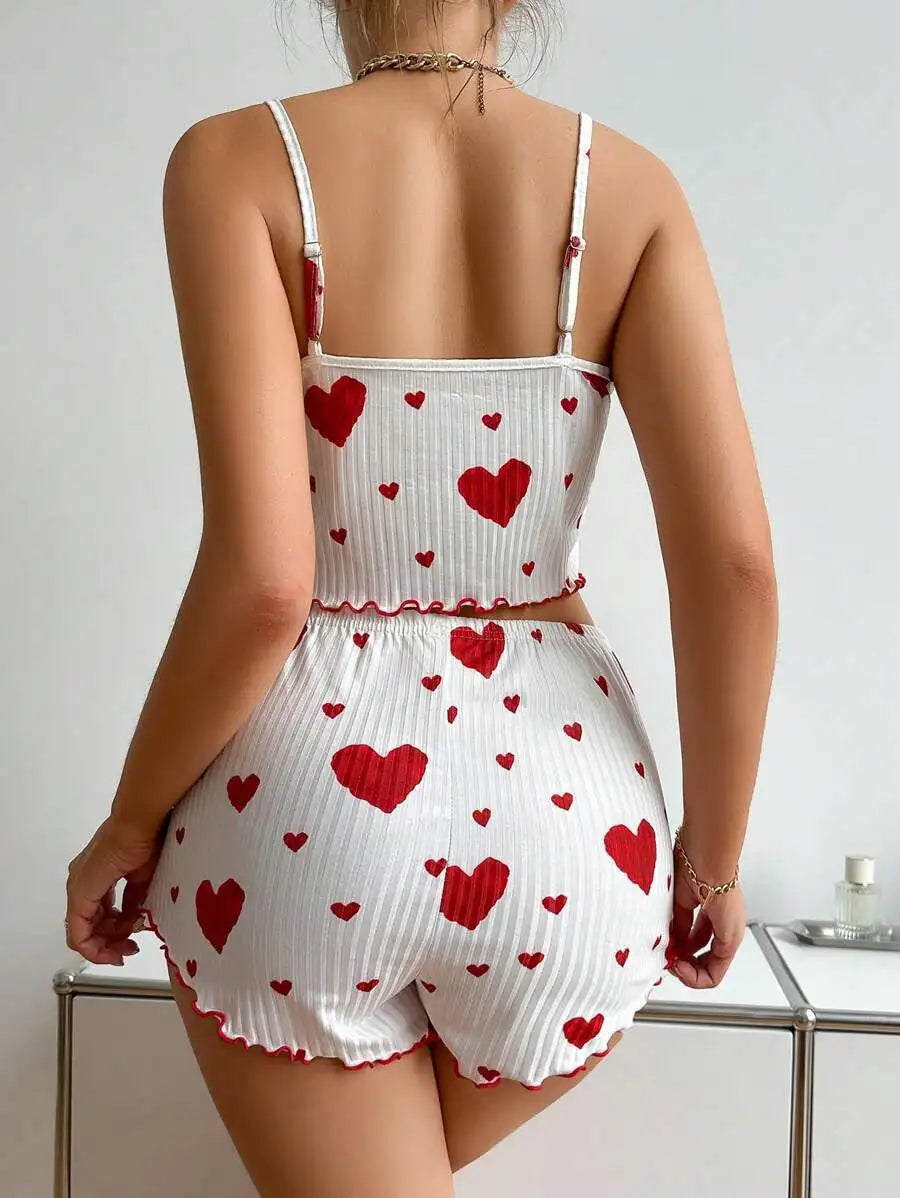 Women pajamas plus size pajamas set 2 piece short vest + trouser white breathable soft casual love print