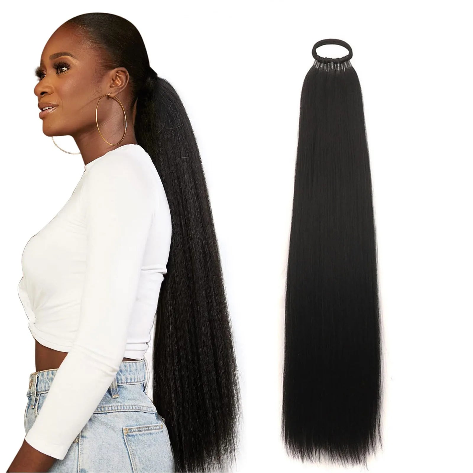 Synthetic Ponytail Hair Extension Long Yaki Straight Hair Ponytails With Ring Black Afro Fluffy Woman's Haipieces