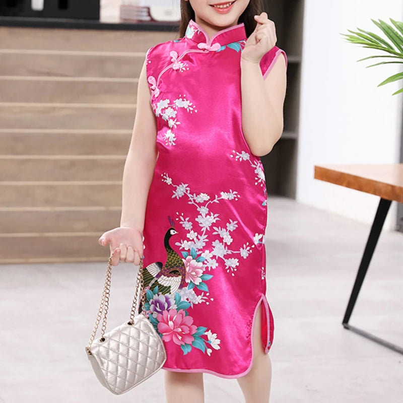 Girls’ Peacock Qipao Dress