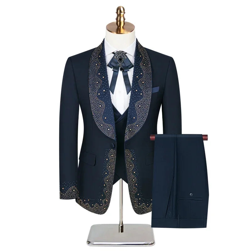 Traje de boda de lujo para hombres a la moda, esmoquin ajustado con cuentas para el novio, traje de fiesta para caballero, 3 piezas (chaqueta + pantalón + chaleco)